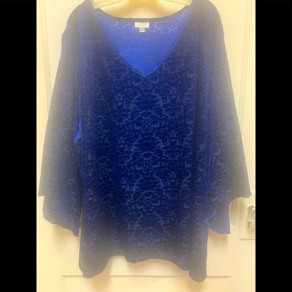 Royal Blue Velvet Burnout Bell-sleeved top. Avenue size 30/32